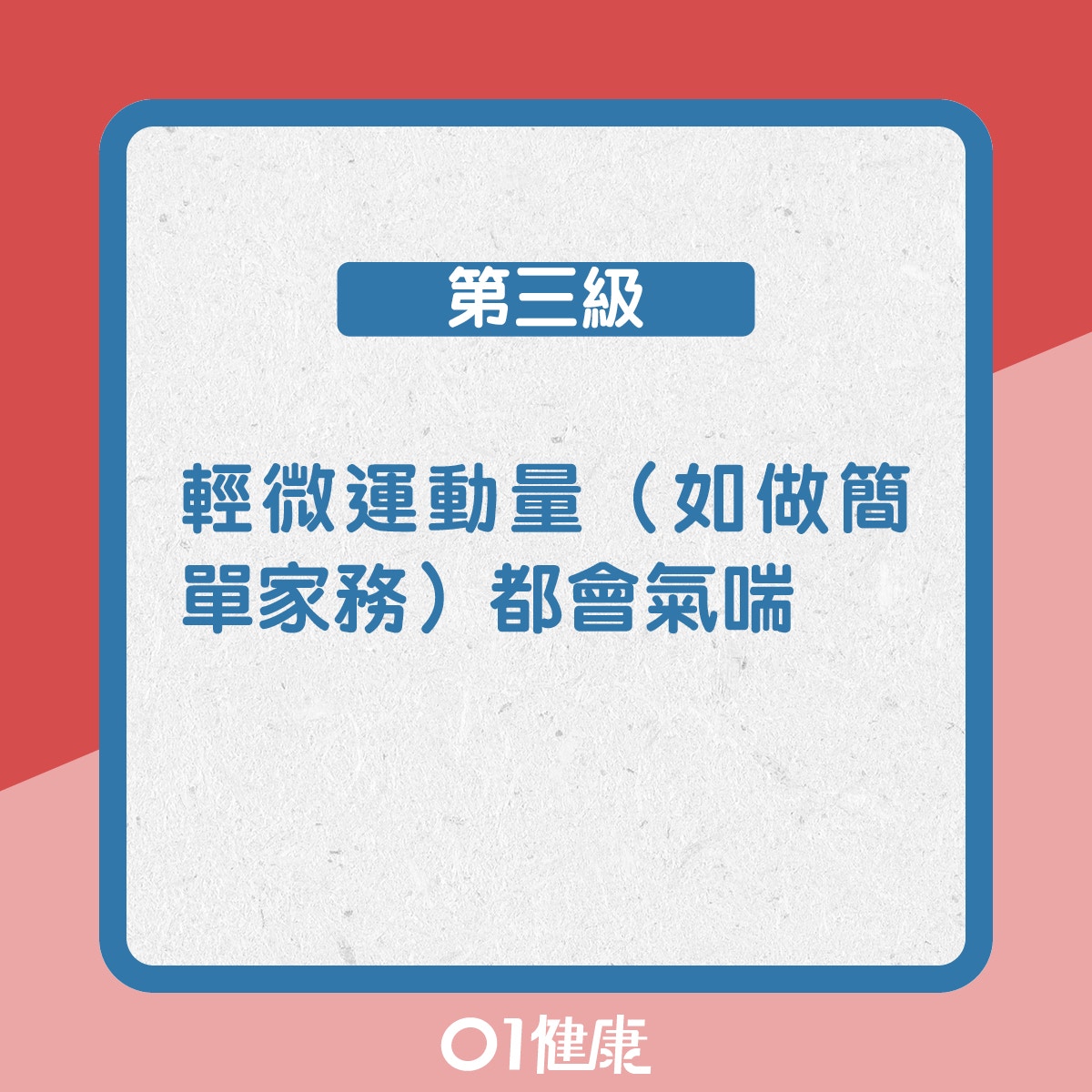 第三級:輕微運動量(如做簡單家務)都會氣喘(01製圖) 第三級:輕微運動量(如做簡單家務)都會氣喘(01製圖)