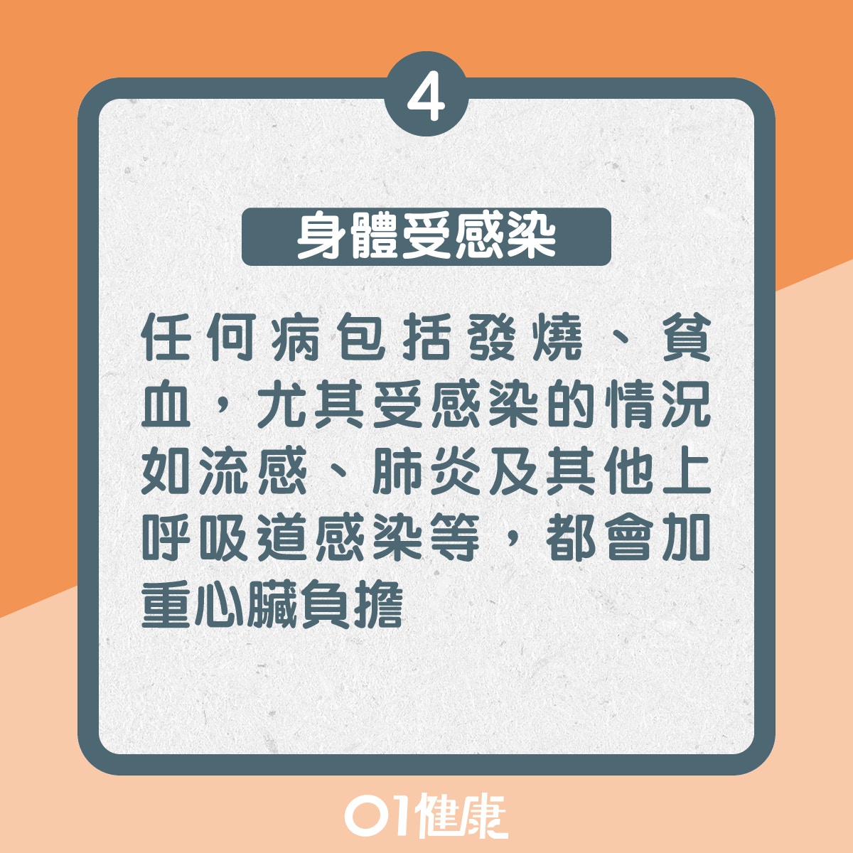 4. 身體受感染：任何病包括發燒、貧血，尤其受感染的情況如流感、肺炎及其他上呼吸道感染等，都會加重心臟負擔（01製圖）