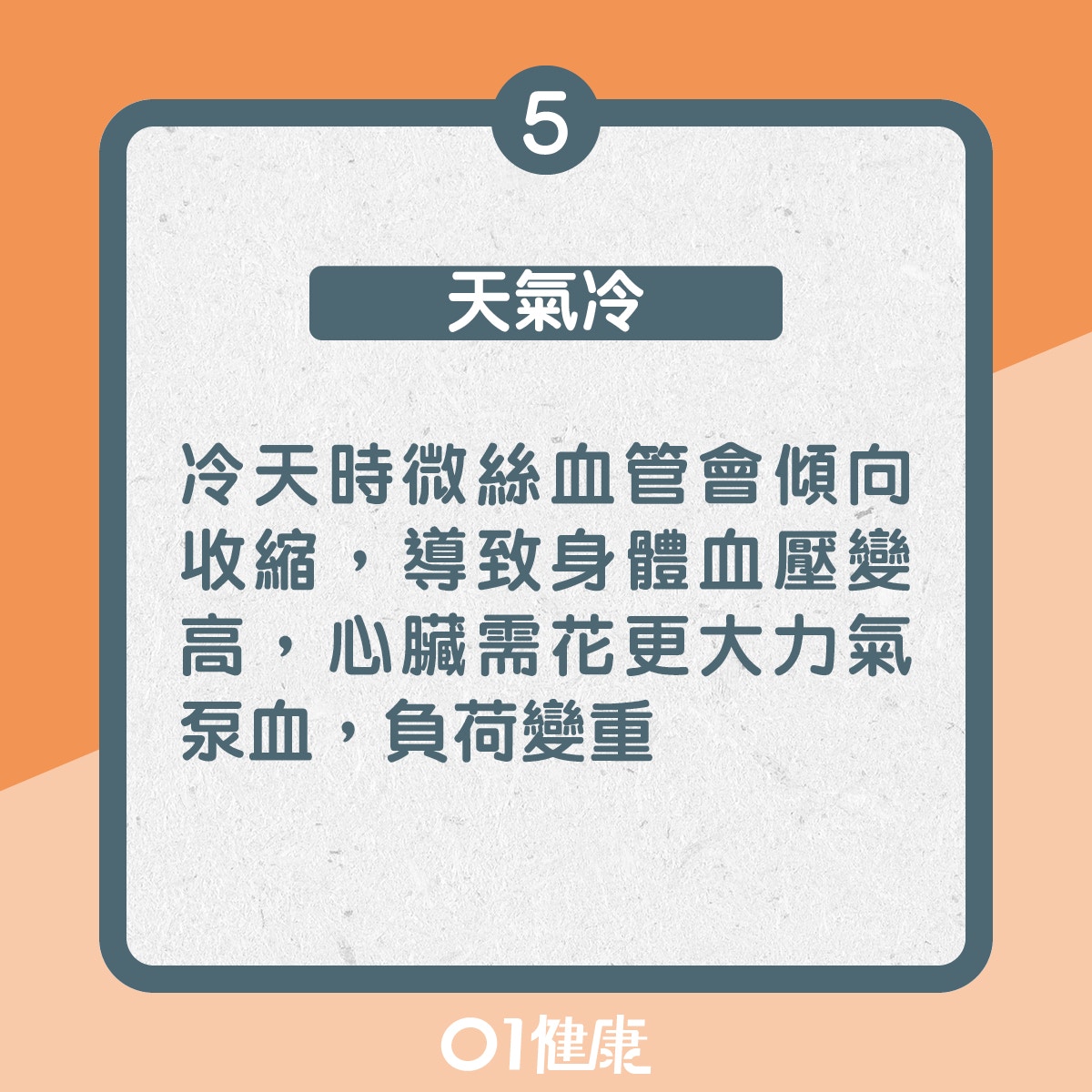 5. 天氣冷：冷天時微絲血管會傾向收縮，導致身體血壓變高，心臟需花更大力氣泵血，負荷變重（01製圖）