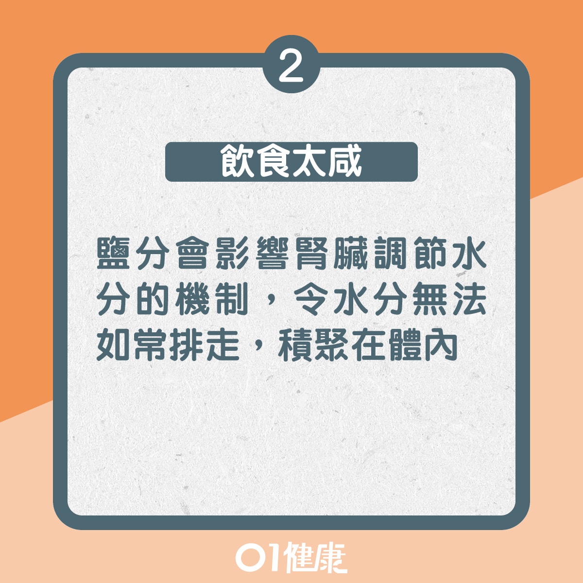 2. 飲食太咸：鹽分會影響腎臟調節水分的機制，令水分無法如常排走，積聚在體內（01製圖）