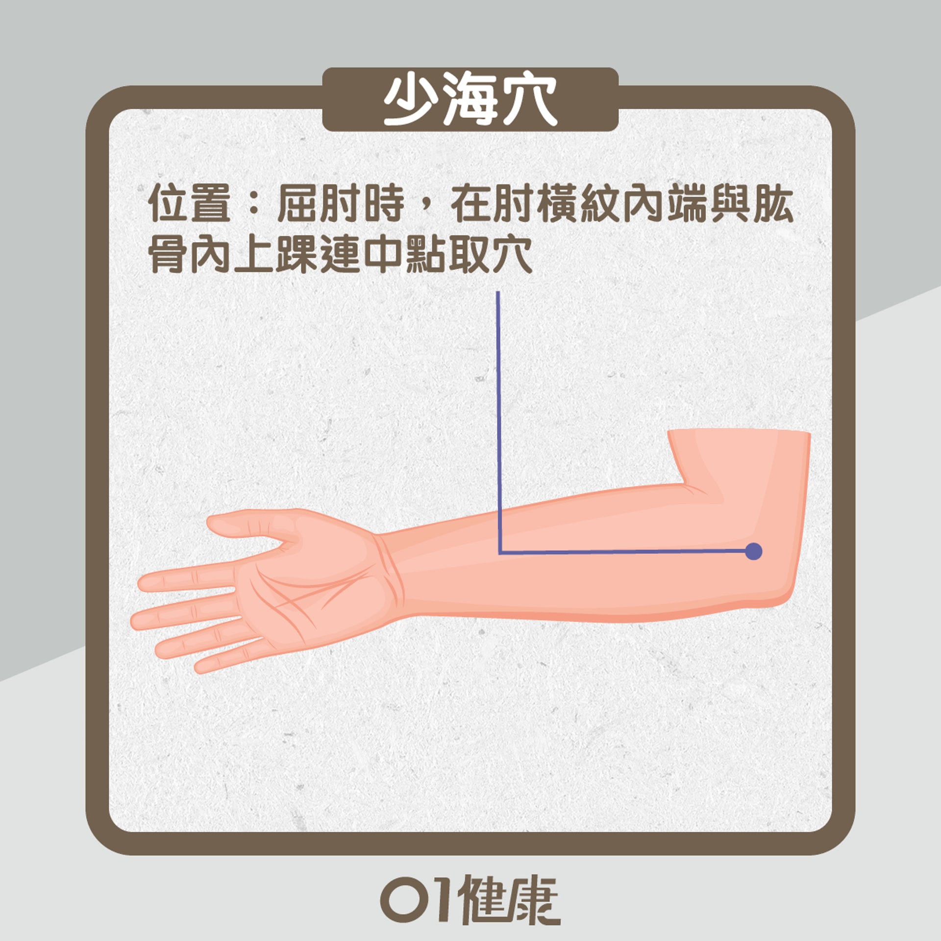 少海穴／位置：屈肘時，在肘橫紋內端與肱骨內上踝連中點取穴（01製圖）