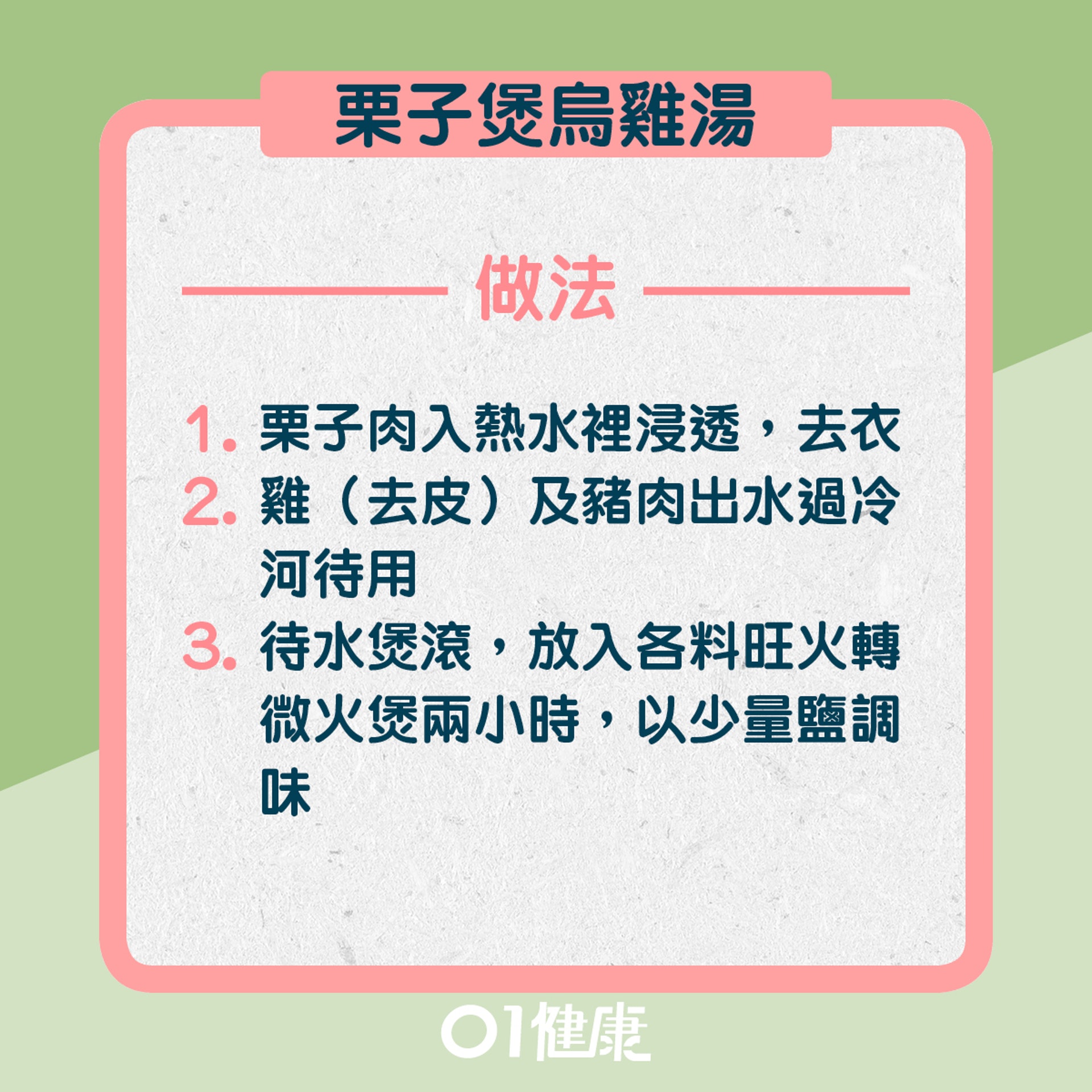 1. 栗子煲烏雞湯:做法(01製圖) 1. 栗子煲烏雞湯:做法(01製圖)