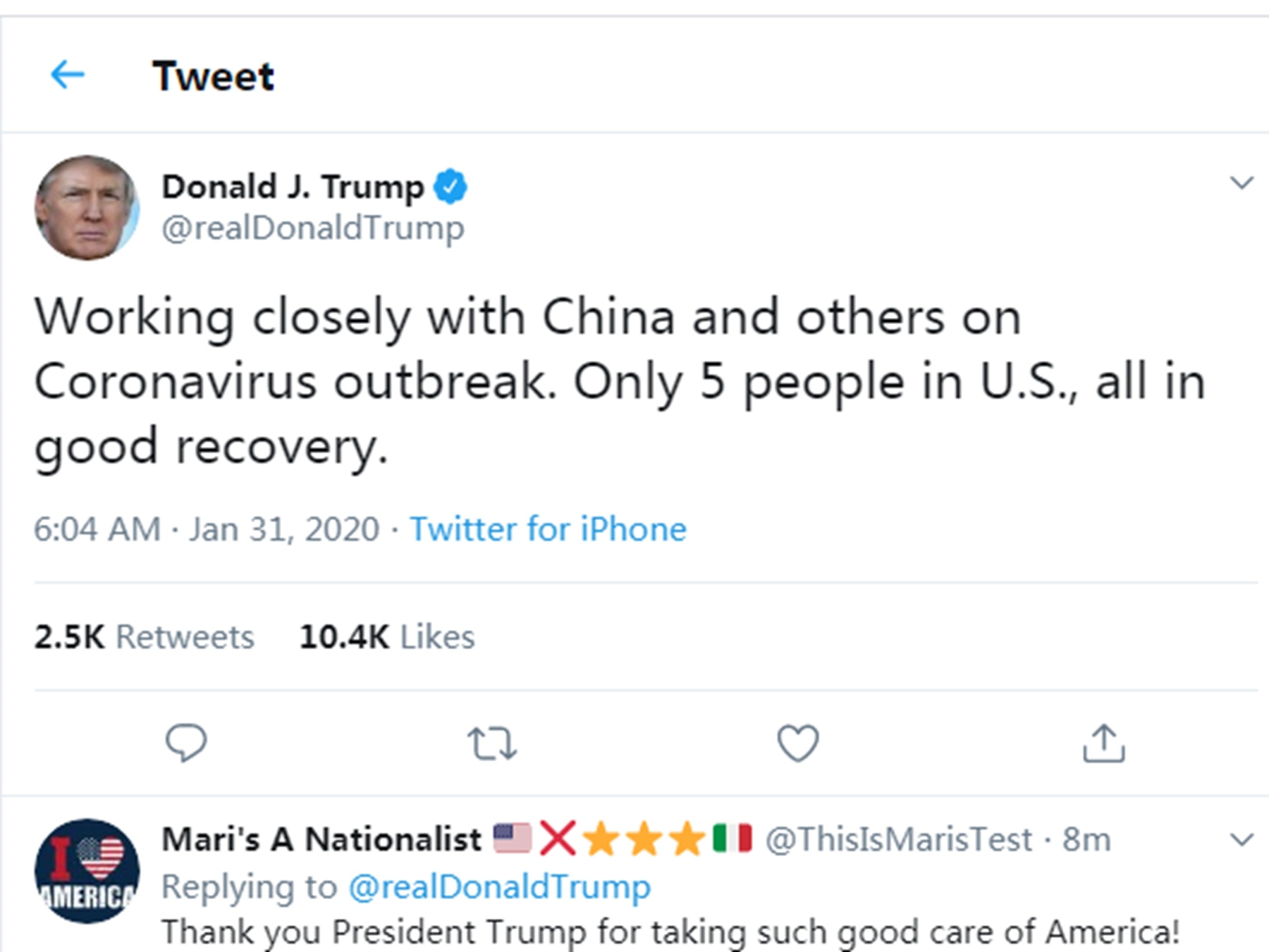 特朗普不斷髮聲關注中國疫情，釋放積極信號。（Twitter@Donald J. Trump）