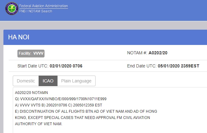 按公告指，除了取得越南民航局批准的特別航班外，其他來往越南與香港的航班都停飛（網站截圖）