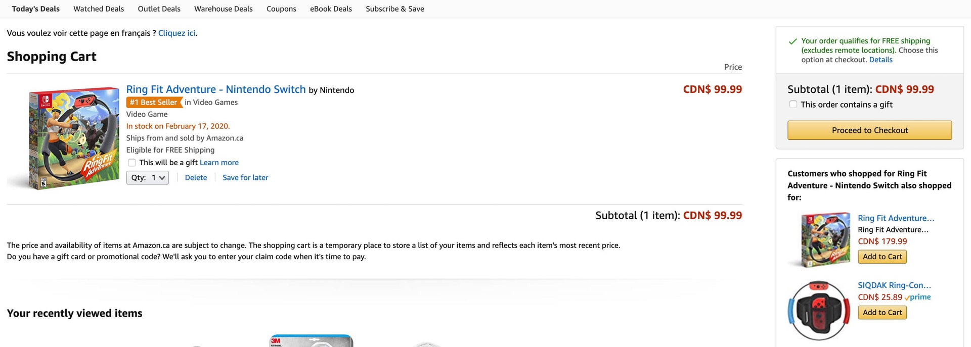 7. 回到Amazon.ca的RingFit頁面內,將它放入購物籃內,然後「Proceed to checkout」埋單(網上截圖) 7. 回到Amazon.ca的RingFit頁面內,將它放入購物籃內,然後「Proceed to checkout」埋單(網上截圖)