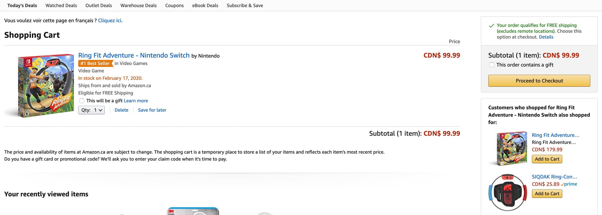 7. 回到Amazon.ca的RingFit頁面內，將它放入購物籃內，然後「Proceed to checkout」埋單（網上截圖）