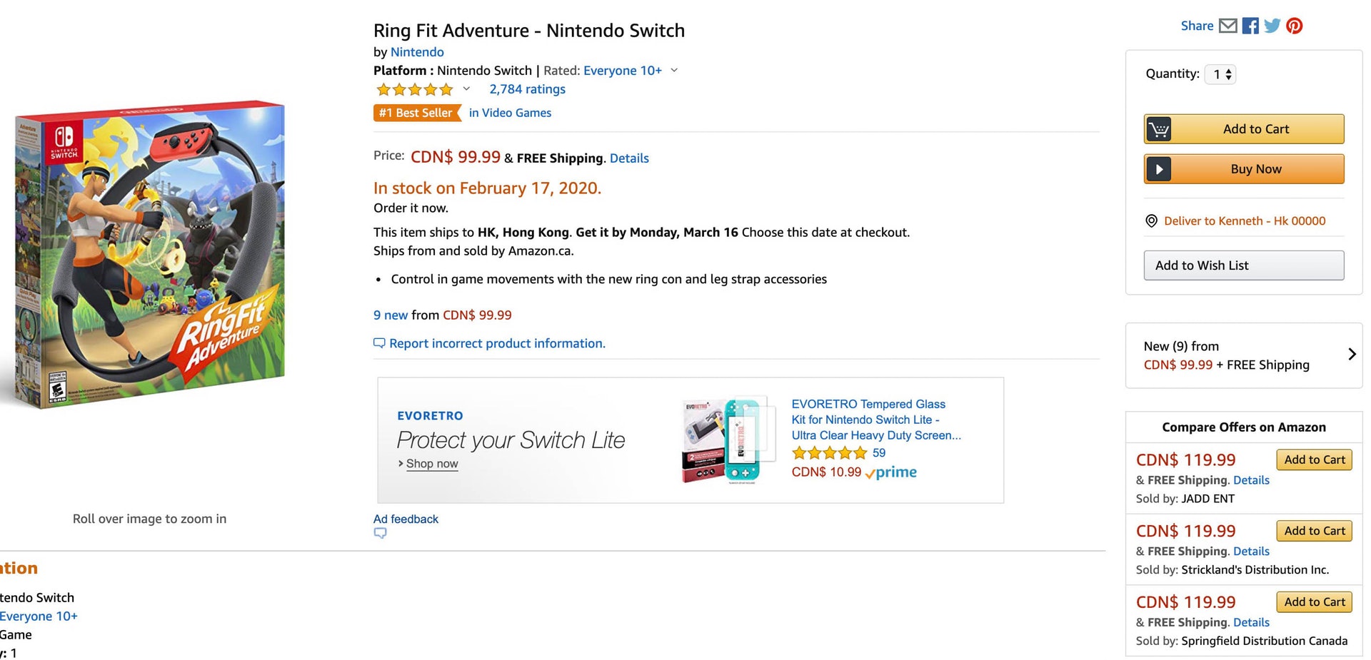 2. 上Amazon.ca（加拿大Amazon）搜尋「RingFit」，應該還有大量貨可購買，都只需要99.99加幣（網上截圖）