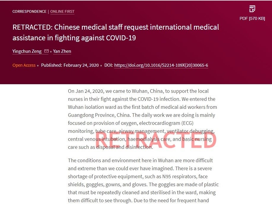 由兩名武漢前線醫護人員所撰的文章已於2月26日被撤回。（網頁截圖）