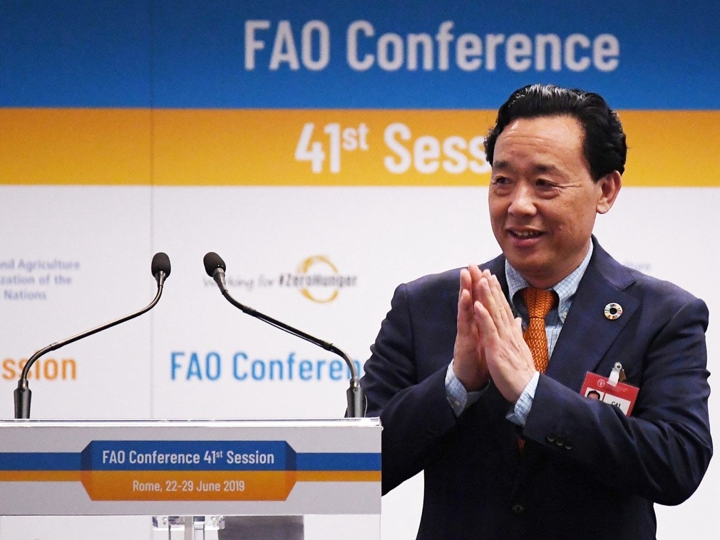 圖為2019年6月23日，當選為第九任聯合國糧農組織總幹事的屈冬玉準備講話，，這是中國人首次擔任該組織總幹事一職。（新華社）