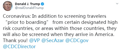 美國總統特朗普敦促美國相關部門對來自特定地區的旅客進行病毒篩查工作。（Twitter@realDonaldTrump）