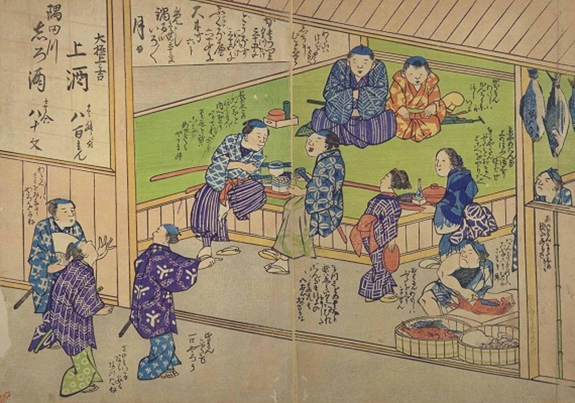 江戶在江戶時代之初還沒有獨特的飲食文化，物品多是從「上方」（京都、大阪一帶）販運而來，酒就叫「下行酒」。（公共領域圖片）