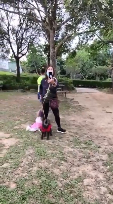 黑貴婦狗狗主被其他狗主指責期間,拿起電話拍攝影片。(影片截圖) 黑貴婦狗狗主被其他狗主指責期間,拿起電話拍攝影片。(影片截圖)