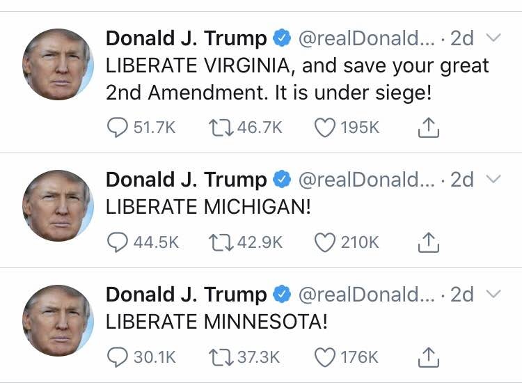 特朗普連發三推,支持「解放」三個州份。(Twitter) 特朗普連發三推,支持「解放」三個州份。(Twitter)
