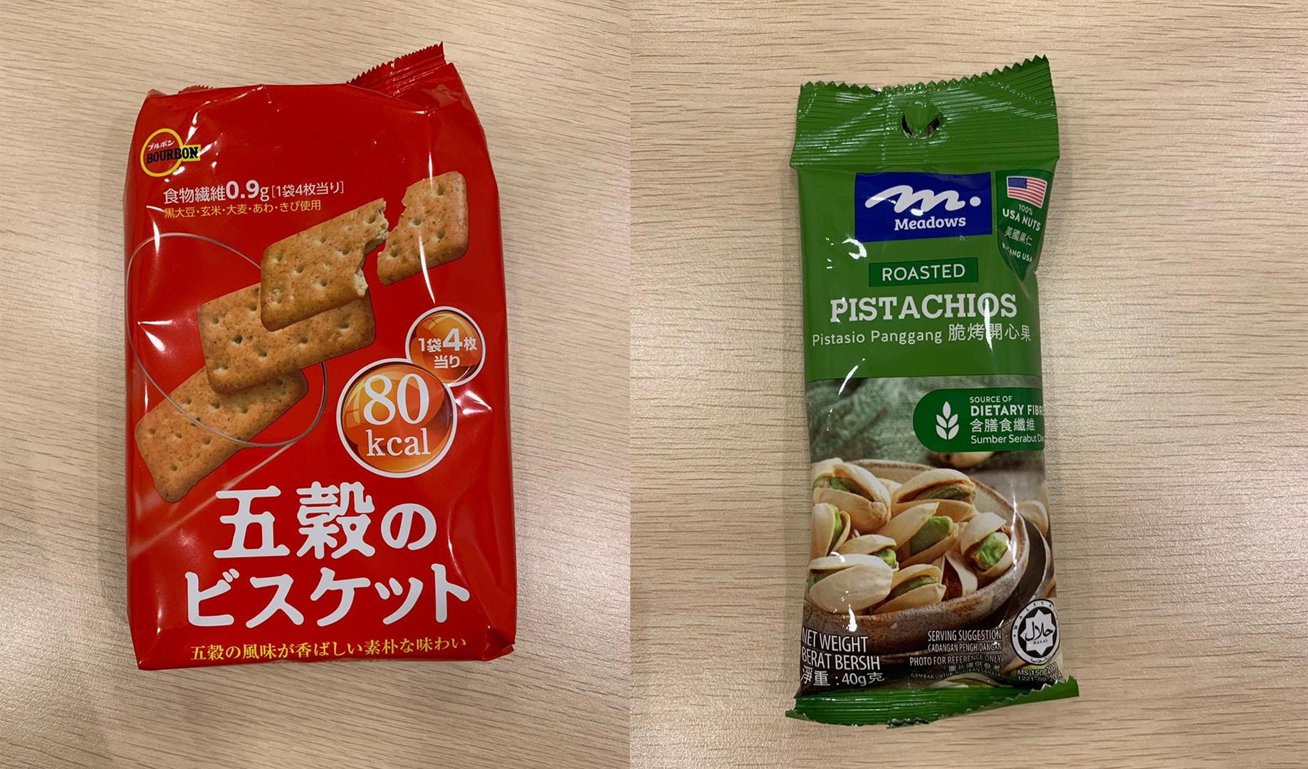 2. 膳食纖維較高：1包（4塊）五穀餅乾（80kcal）+ 1包（20g）開心果（110kcal）