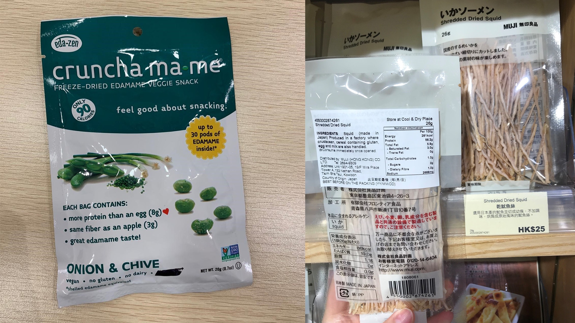 3. 蛋白質較高：1包（20g）脆枝豆（90kcal）+ 1包（26g）魷魚絲（86kcal）