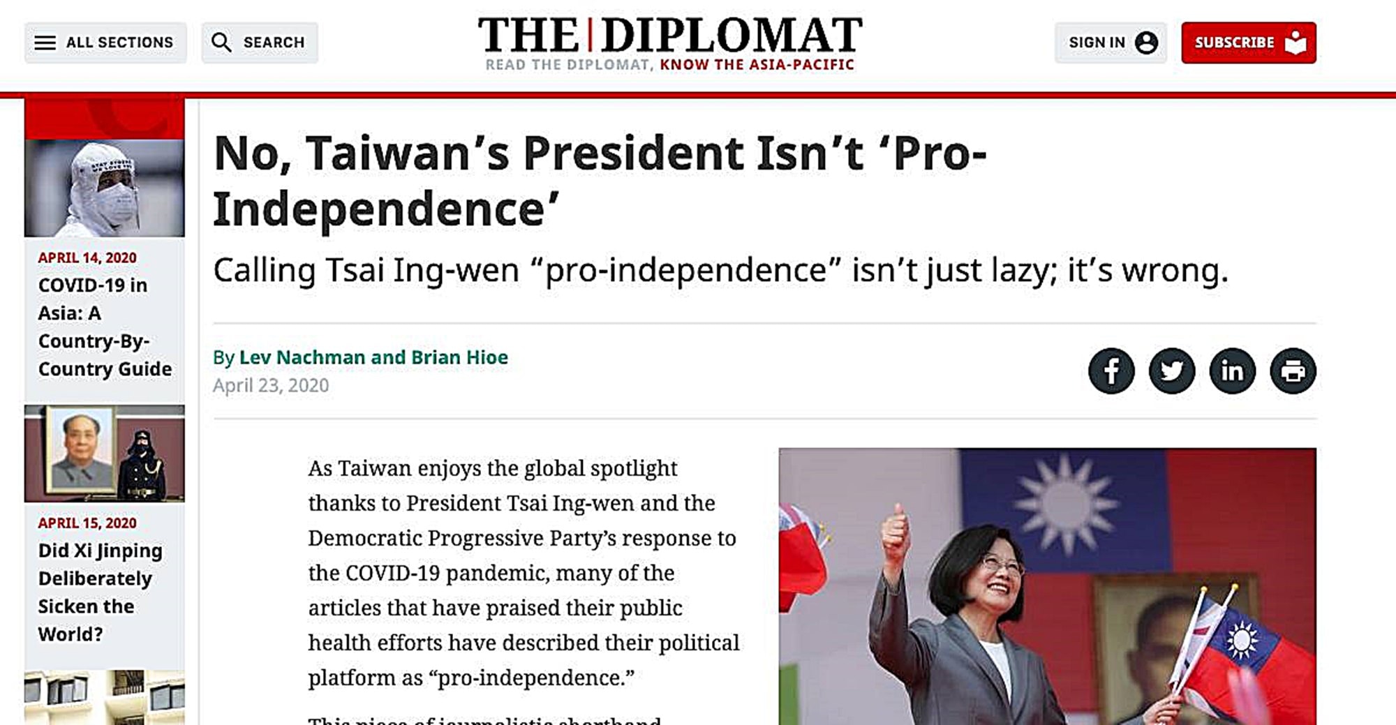 《外交家》雜誌刊登分析文章，強調蔡英文不是「獨派」。（facebook@ The Diplomat）