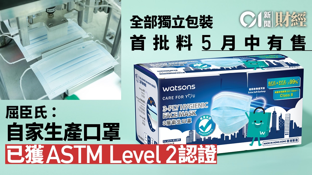 屈臣氏宣布 自產口罩已通過astm Level2測試