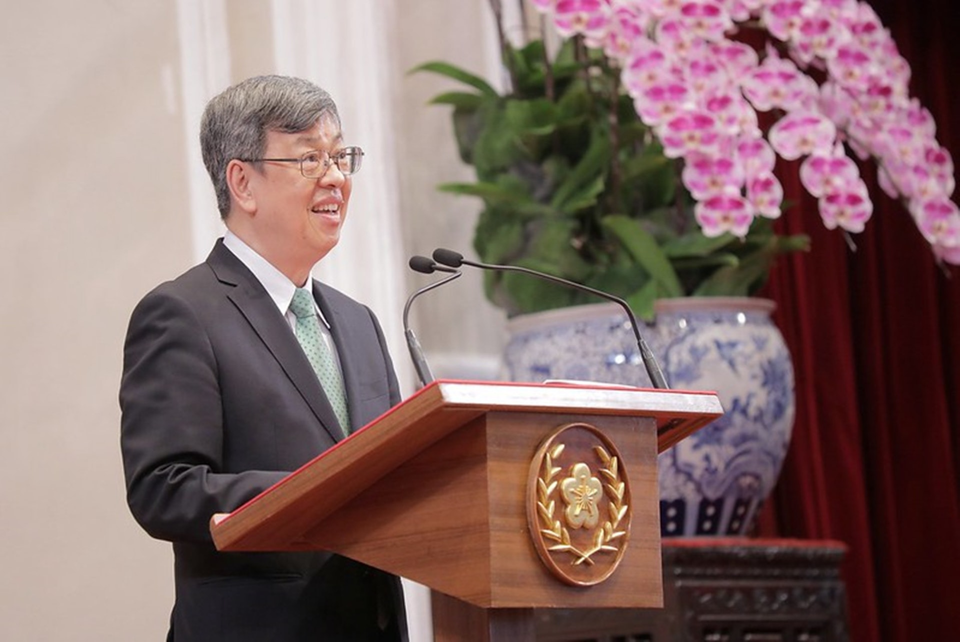 陳建仁致詞時表示,台灣防疫的成功,是他即將卸任前,台灣民眾送給他的最好的禮物。(台灣總統府) 陳建仁致詞時表示,台灣防疫的成功,是他即將卸任前,台灣民眾送給他的最好的禮物。(台灣總統府)