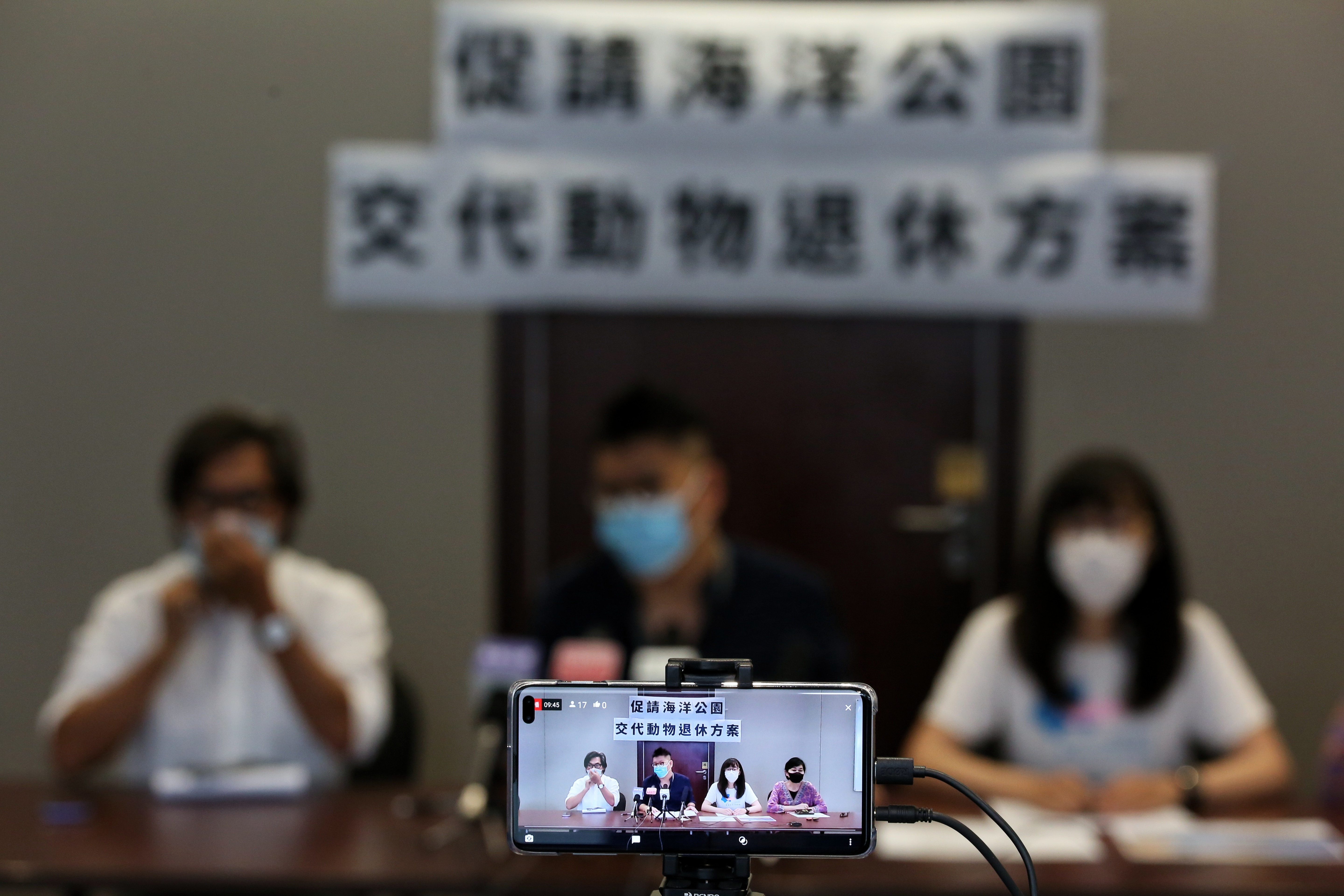 豚聚一家、非牟利獸醫服務協會、香港海豚保育學會及立法會議員毛孟靜議員今(14日)舉行記招,促請海洋公園交代動物退休方案。(張浩維攝) 豚聚一家、非牟利獸醫服務協會、香港海豚保育學會及立法會議員毛孟靜議員今(14日)舉行記招,促請海洋公園交代動物退休方案。(張浩維攝)