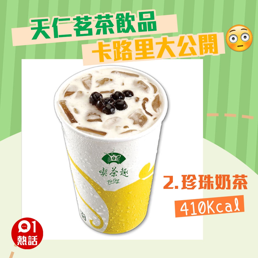 【天仁茗茶飲品卡路里】2. 珍珠奶茶 410 Kcal（01製圖/官網圖片）