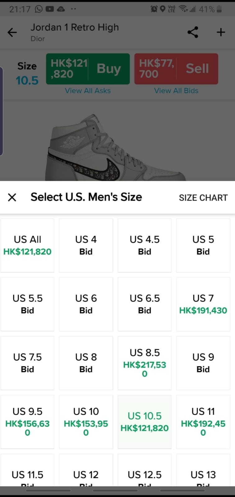 餘下的size價錢都在12萬以上。（網絡截圖）