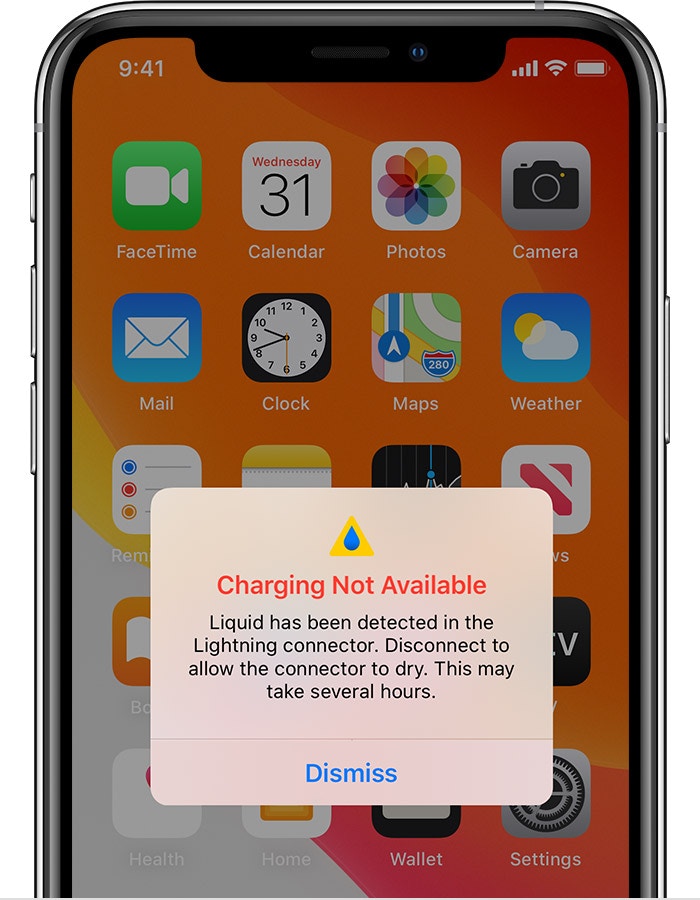 無法充電：此提示會在偵測到液體、而用家將iPhone連接到充電器時顯示。（Apple）