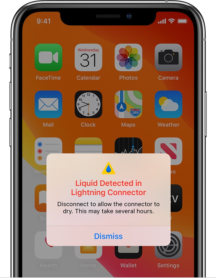 Lightning接頭偵測到液體：此提示會在偵測到液體、而用家將非充電配件連接到iPhone時顯示。（Apple）