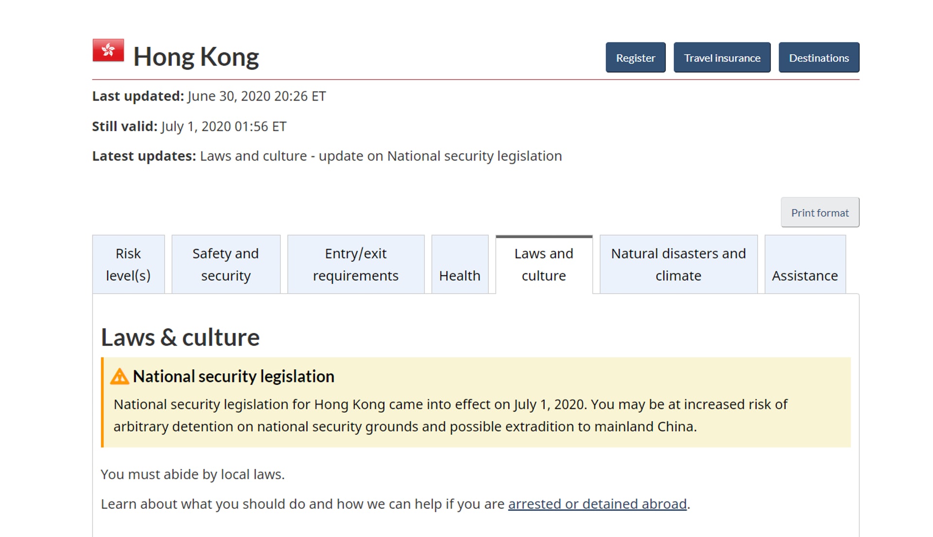加拿大政府網站6月30日更新對香港的旅遊提示(加拿大政府網站截圖) 加拿大政府網站6月30日更新對香港的旅遊提示(加拿大政府網站截圖)