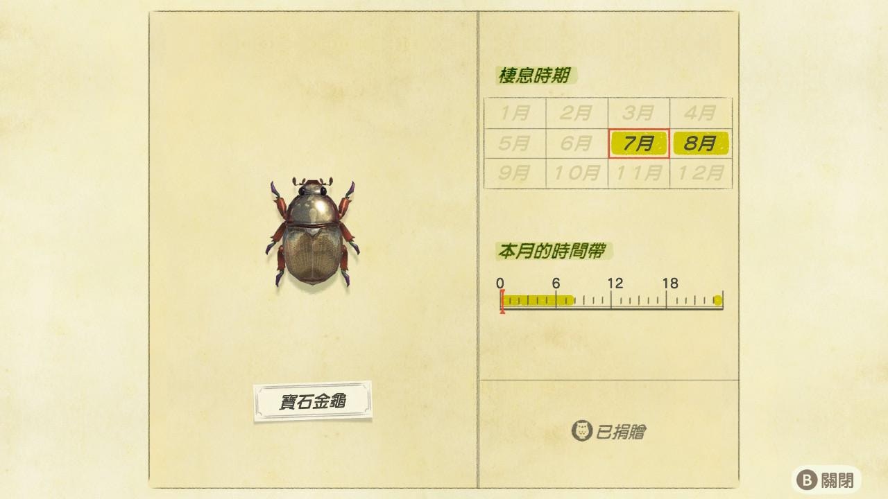 寶石金龜/商店 :10000﹑收購箱 :8000﹑龍克斯:15000/出沒時間:晚上11點至早上8點/樹上(遊戲截圖) 寶石金龜/商店 :10000﹑收購箱 :8000﹑龍克斯:15000/出沒時間:晚上11點至早上8點/樹上(遊戲截圖)