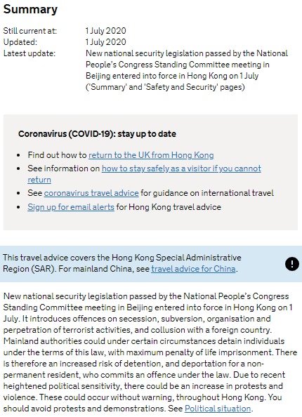 英國政府7月1日更新對香港的旅遊警示。（gov.uk網站截圖）