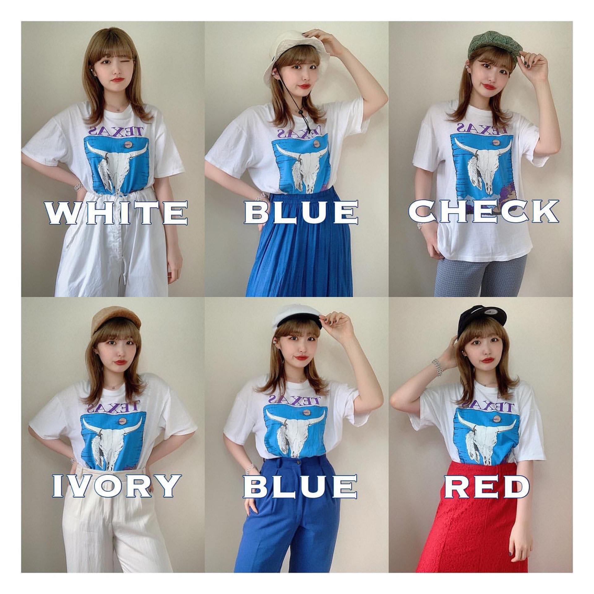 Chaki示範以同一件圖案T-Shirt配襯不同下身單品。(__nmsk13@Instagram)