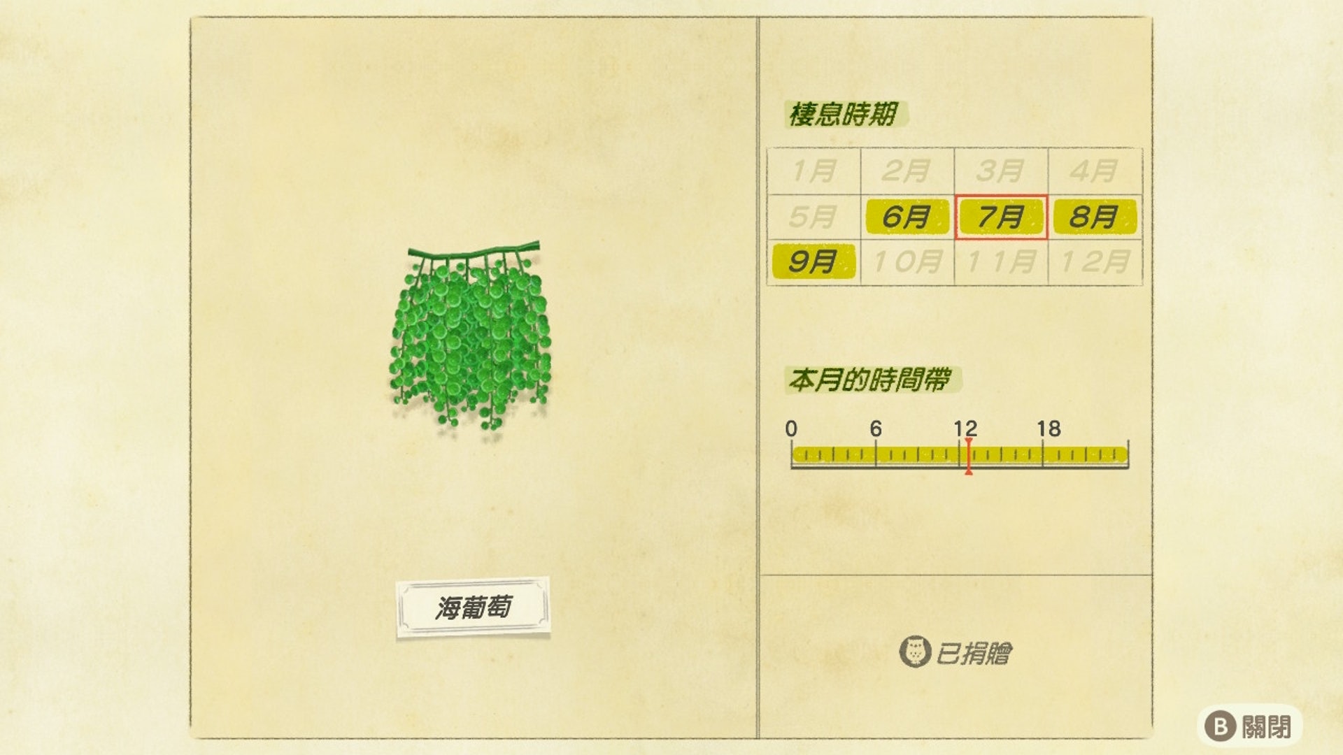 海葡萄/出現時間帶:全日(遊戲截圖) 海葡萄/出現時間帶:全日(遊戲截圖)