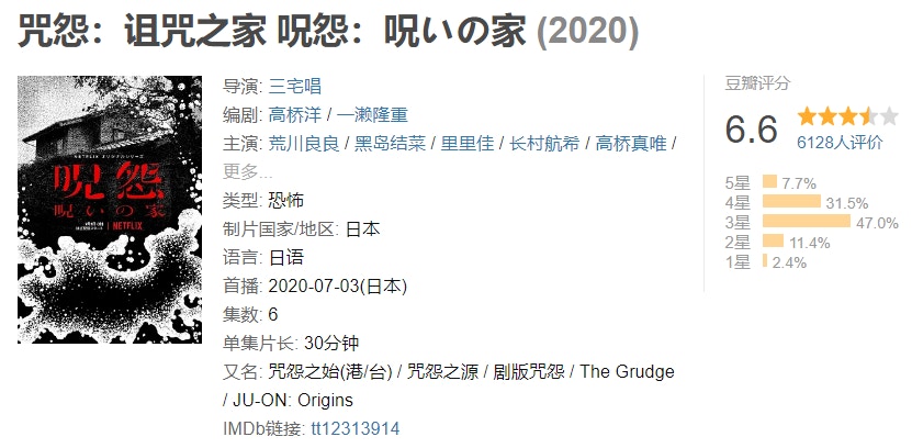 Netflix出品的6集驚悚日劇《咒怨之始》（呪怨：呪いの家），已於7月3日全網上線（豆瓣截圖）