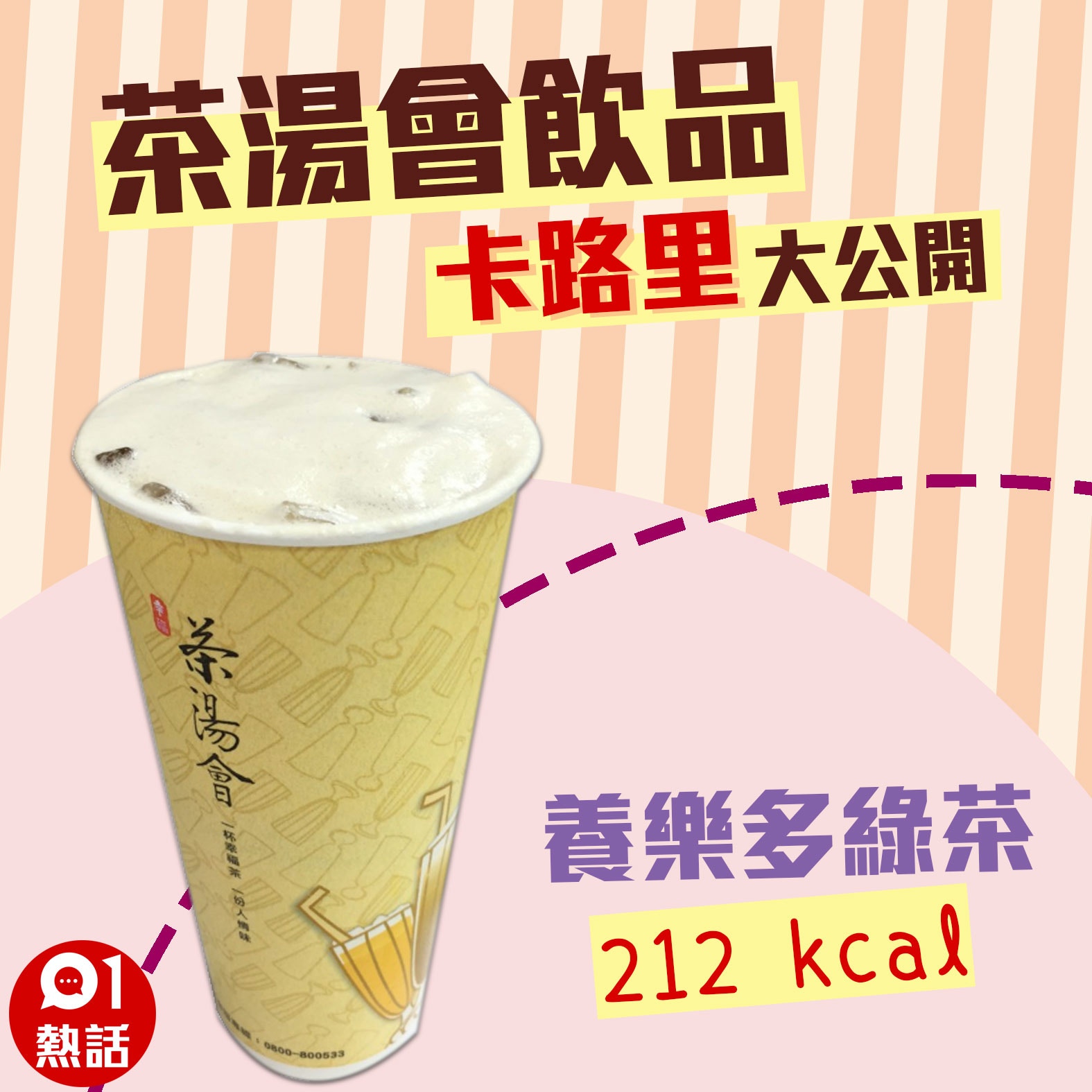 【茶湯會飲品卡路里】12. 養樂多綠茶 221 kcal （01製圖/台北市食材登錄平台圖片）