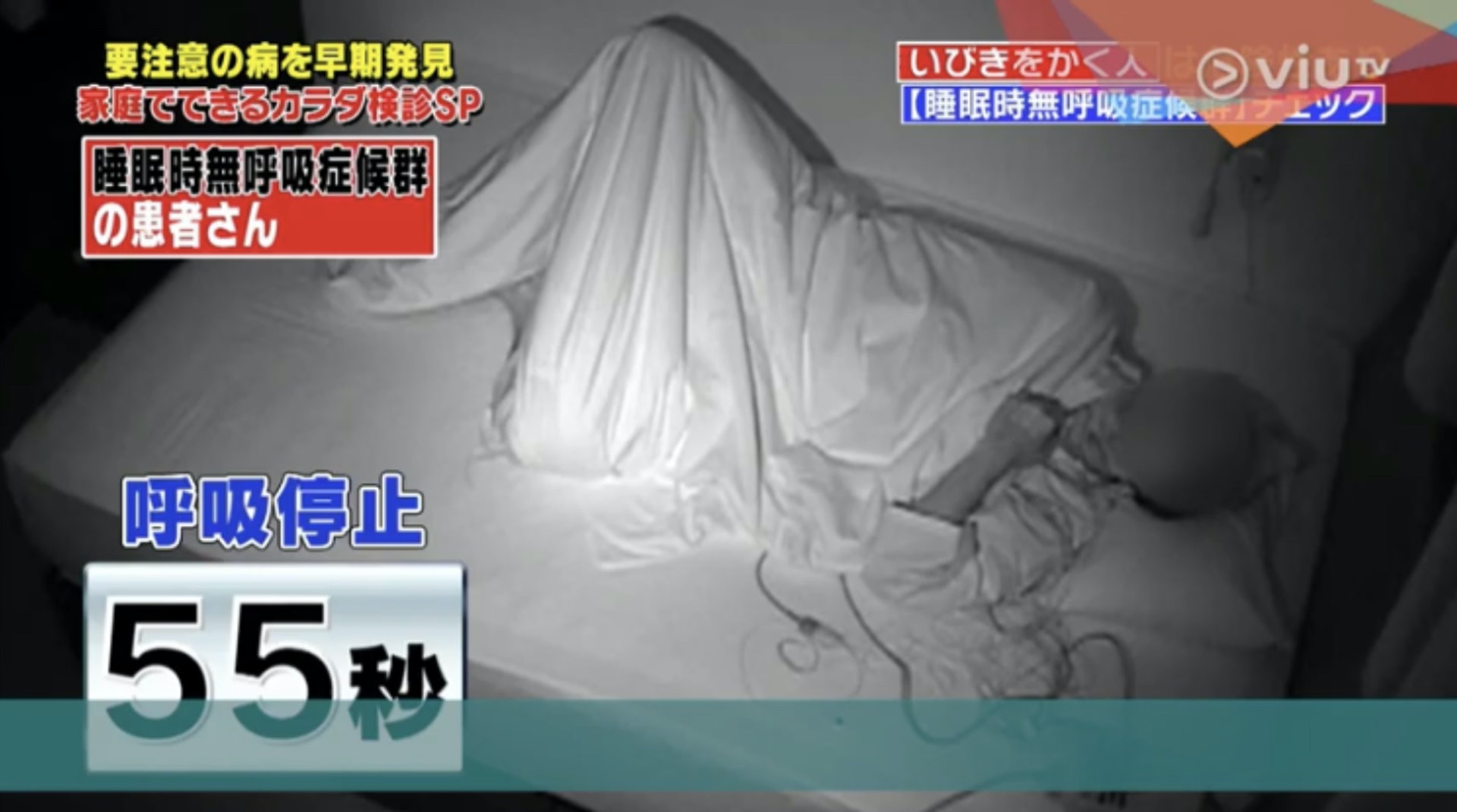 節目監測一名睡眠窒息症患者睡覺時的情況,發現他一度停止呼吸55秒,而且整晚不止一次出現這種情況。(Viu TV《恐怖醫學》影片截圖) 節目監測一名睡眠窒息症患者睡覺時的情況,發現他一度停止呼吸55秒,而且整晚不止一次出現這種情況。(Viu TV《恐怖醫學》影片截圖)