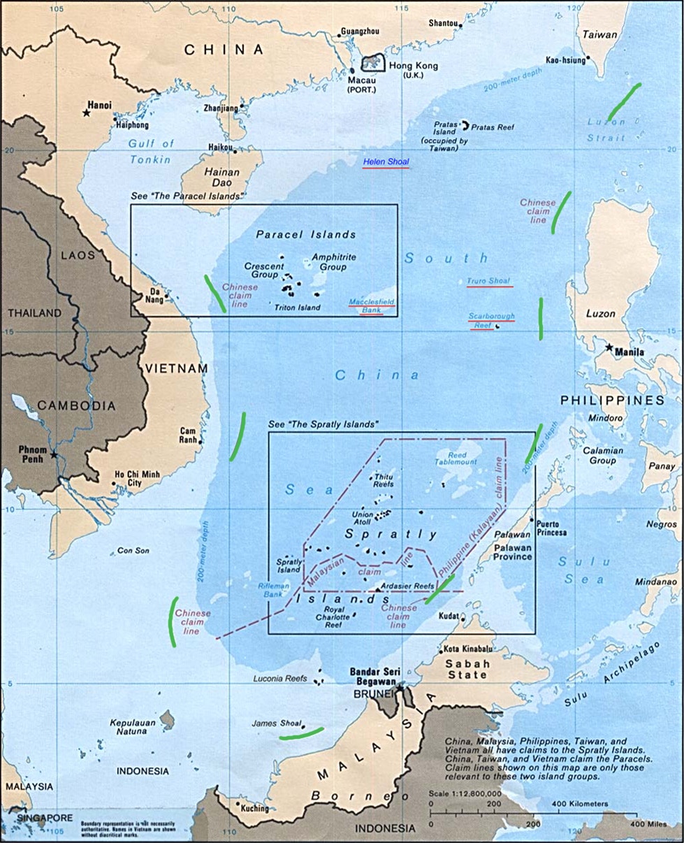 南海的「九段線」圖（綠色線）（Wikipedia / U.S. Central Intelligence Agency）