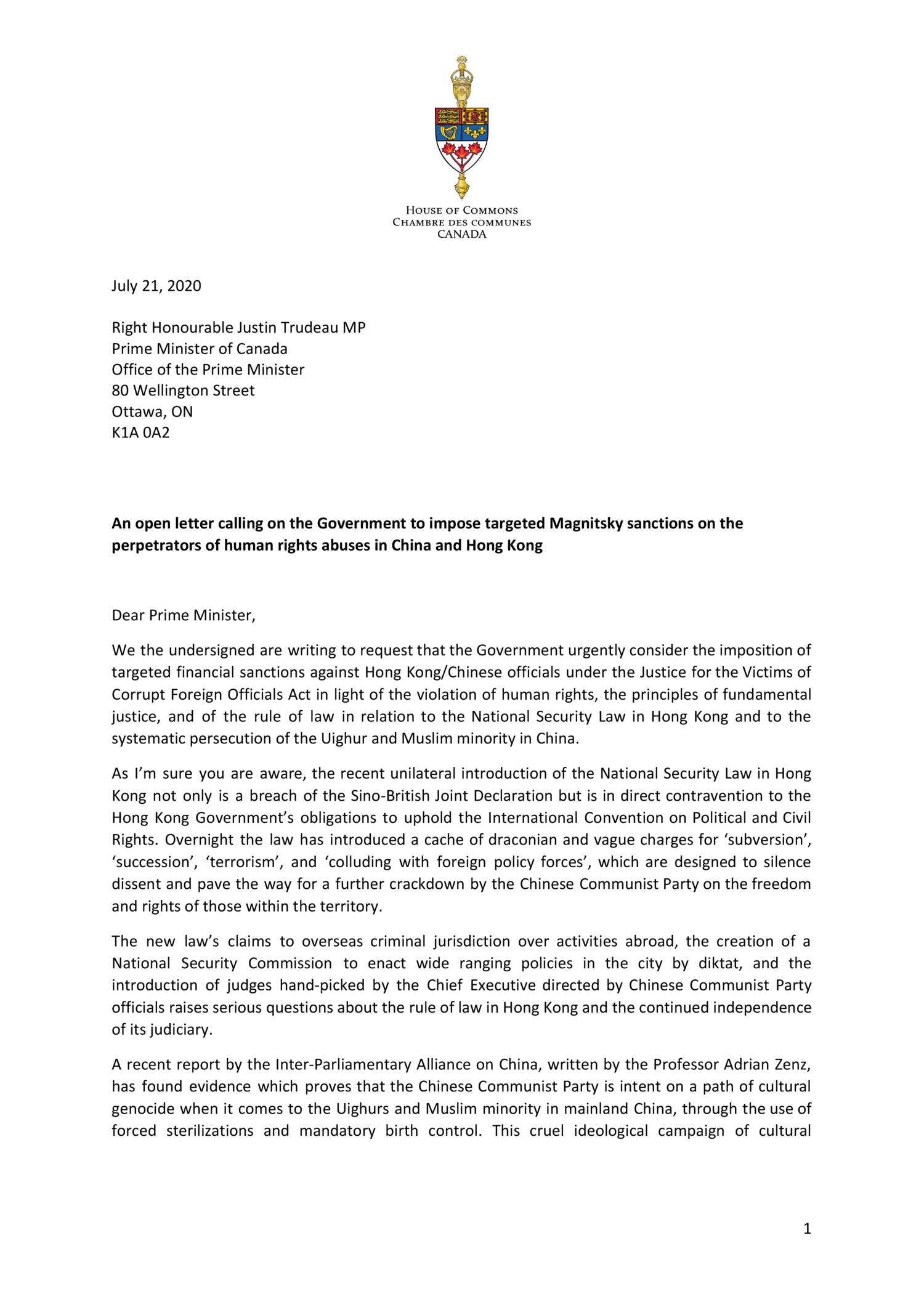 港版國安法】加拿大17議員聯署倡懲中港官員