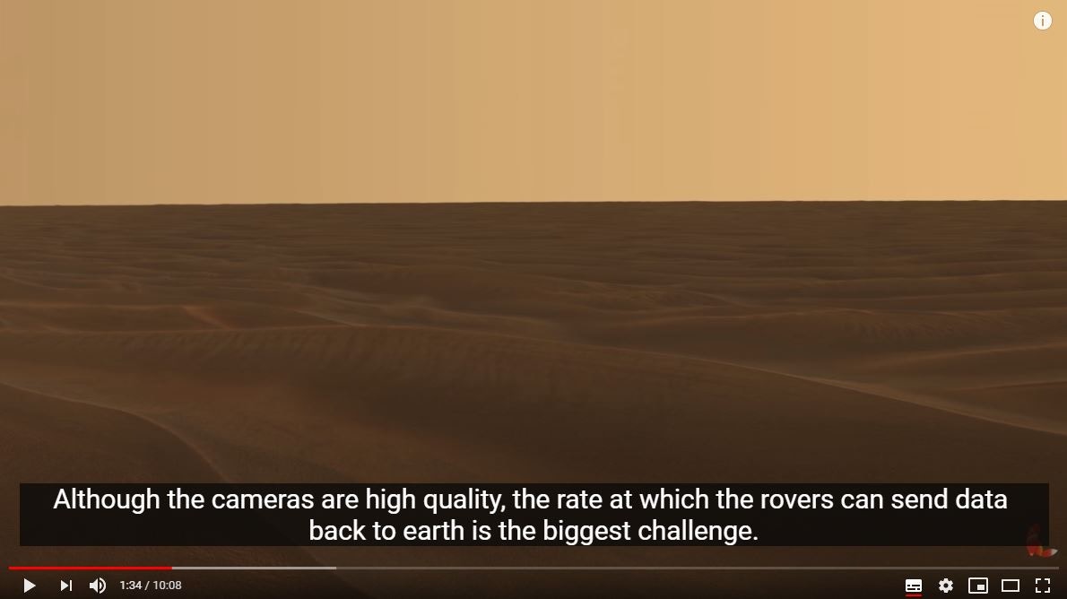 因为即使火星侦测卫星有2百万位元组的秒速,但每个火星日的传输窗口就只有8分钟,需要很长的时间才能传完高解析影像(YouTube@ElderFox Documentaries)