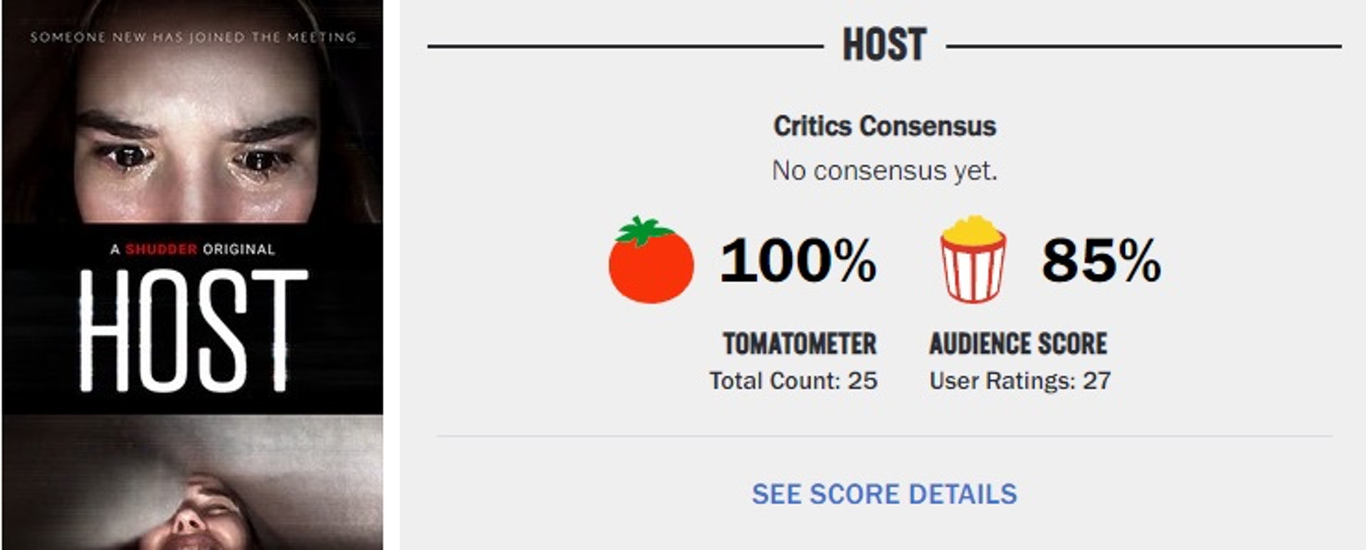 《Host》目前在爛番茄獲得100%新鮮度。（網上擷圖）