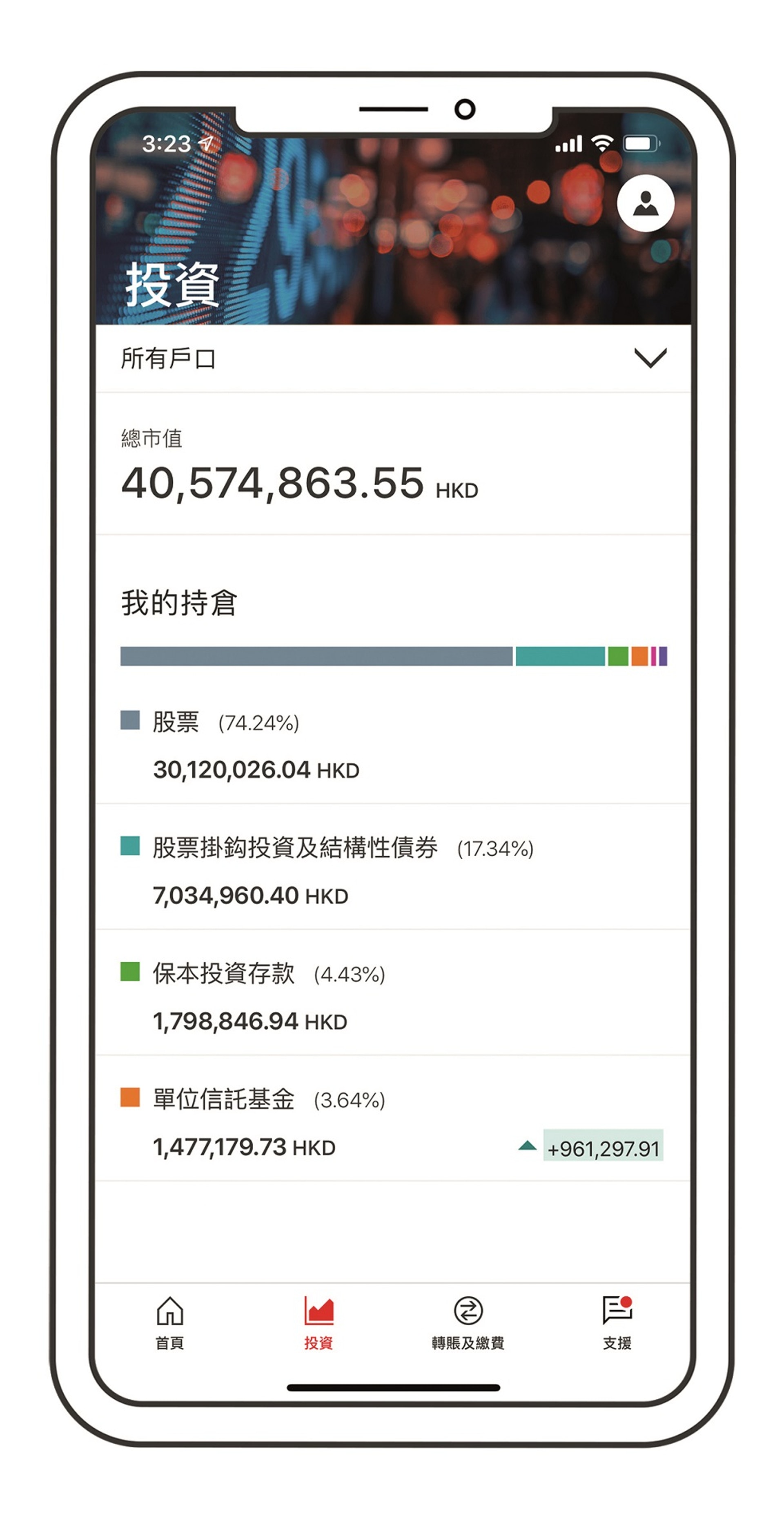 位於底部的快速鍵欄目標示了「首頁」、「投資」、「轉賬及繳費」以及「支援」的選項。(滙豐提供) 位於底部的快速鍵欄目標示了「首頁」、「投資」、「轉賬及繳費」以及「支援」的選項。(滙豐提供)