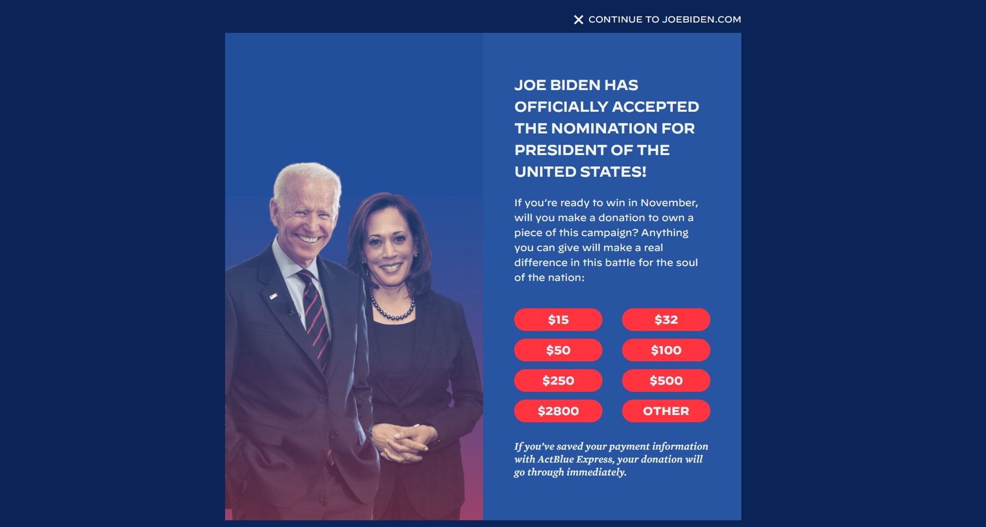 图为拜登（Joe Biden）竞选网页，首页都没出来，就是呼吁大家捐钱。（拜登竞选网页截图）