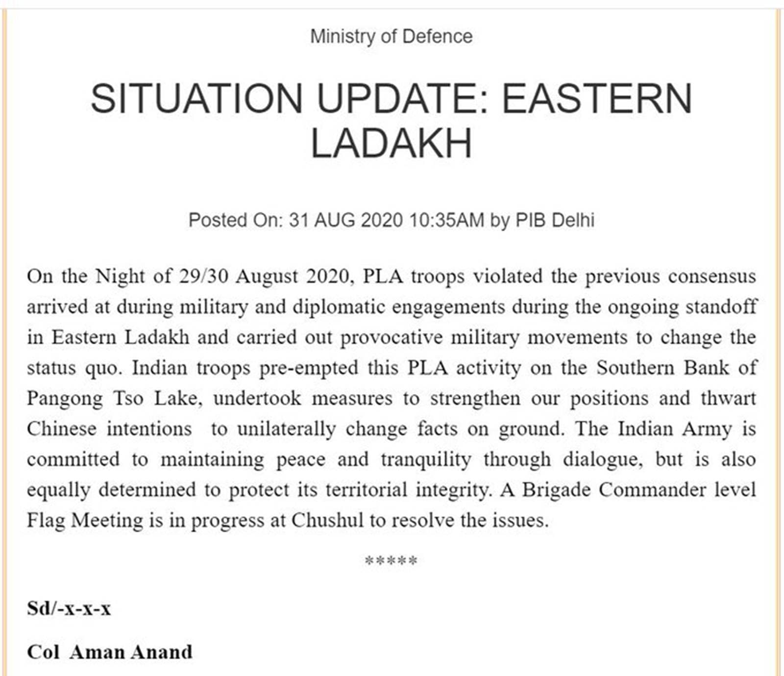 印度軍方8月31日發聲明披露中印新衝突內幕。（Twitter@Brahma Chellaney）
