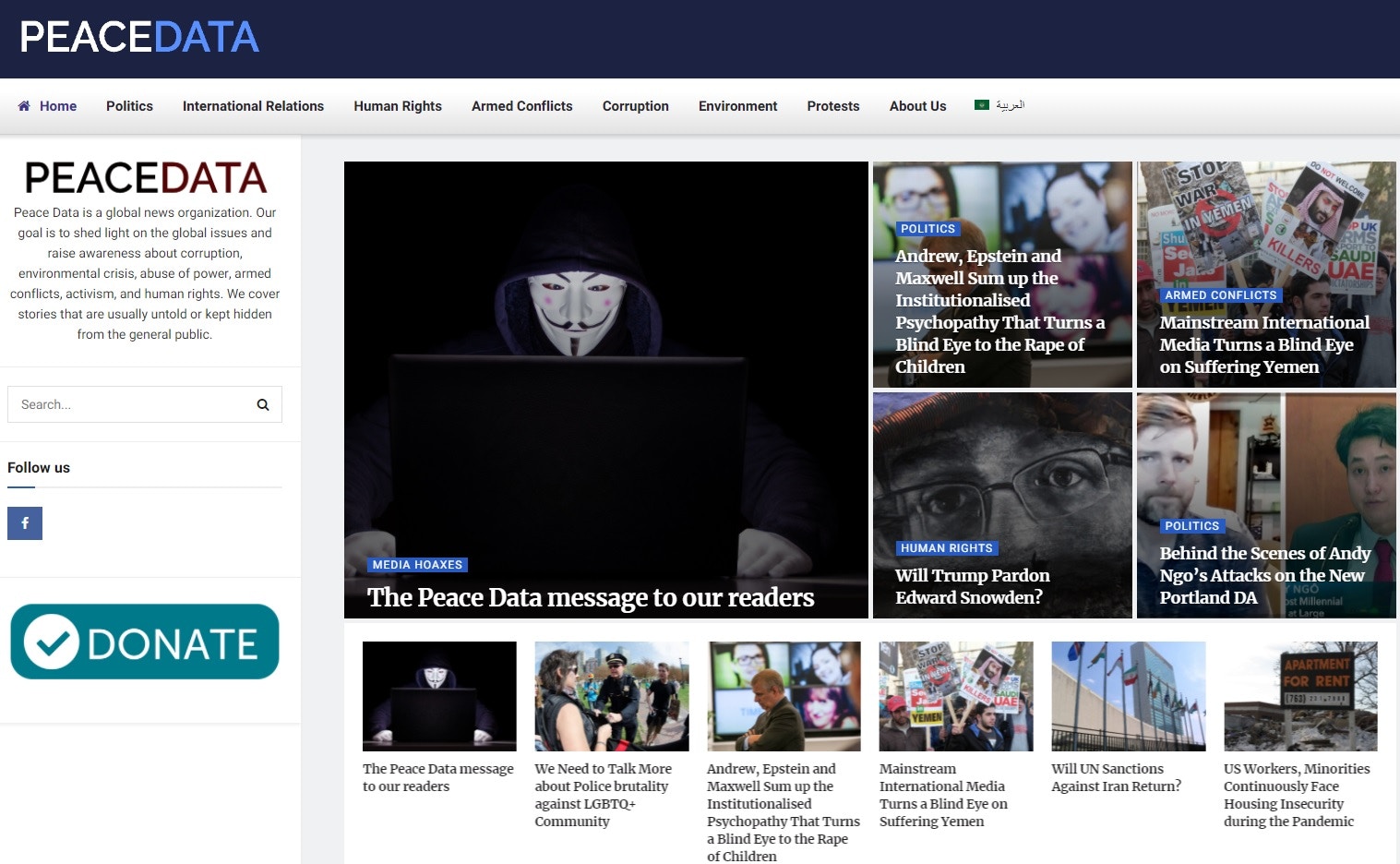 圖為9月2日，Peace Data的網頁。其Facebook專頁已遭封鎖。（Peace Data網頁截圖）