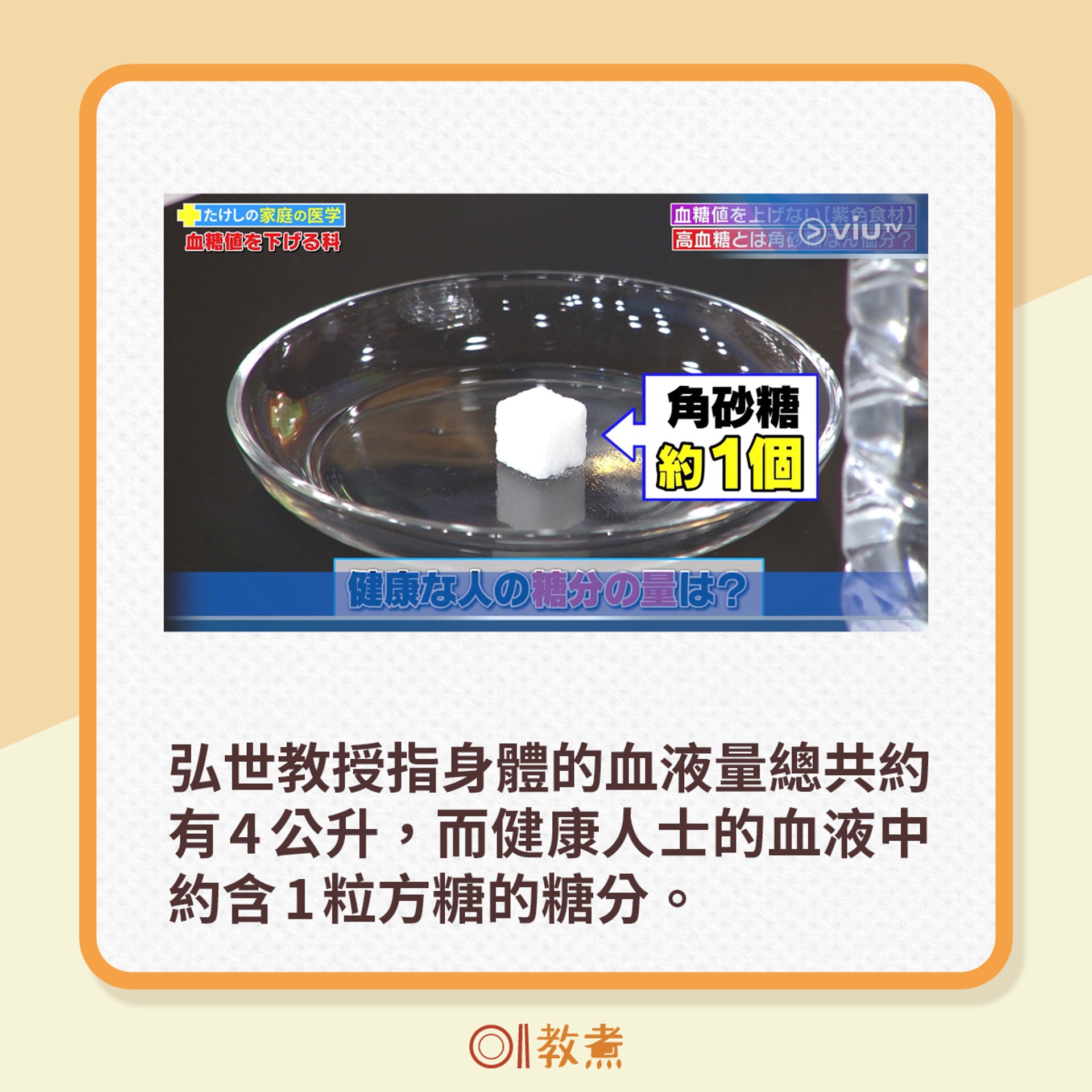 弘世教授指身體的血液量總共約有4公升，而健康人士的血液中約含1粒方糖的糖分。（電視節目《恐怖醫學》截圖）