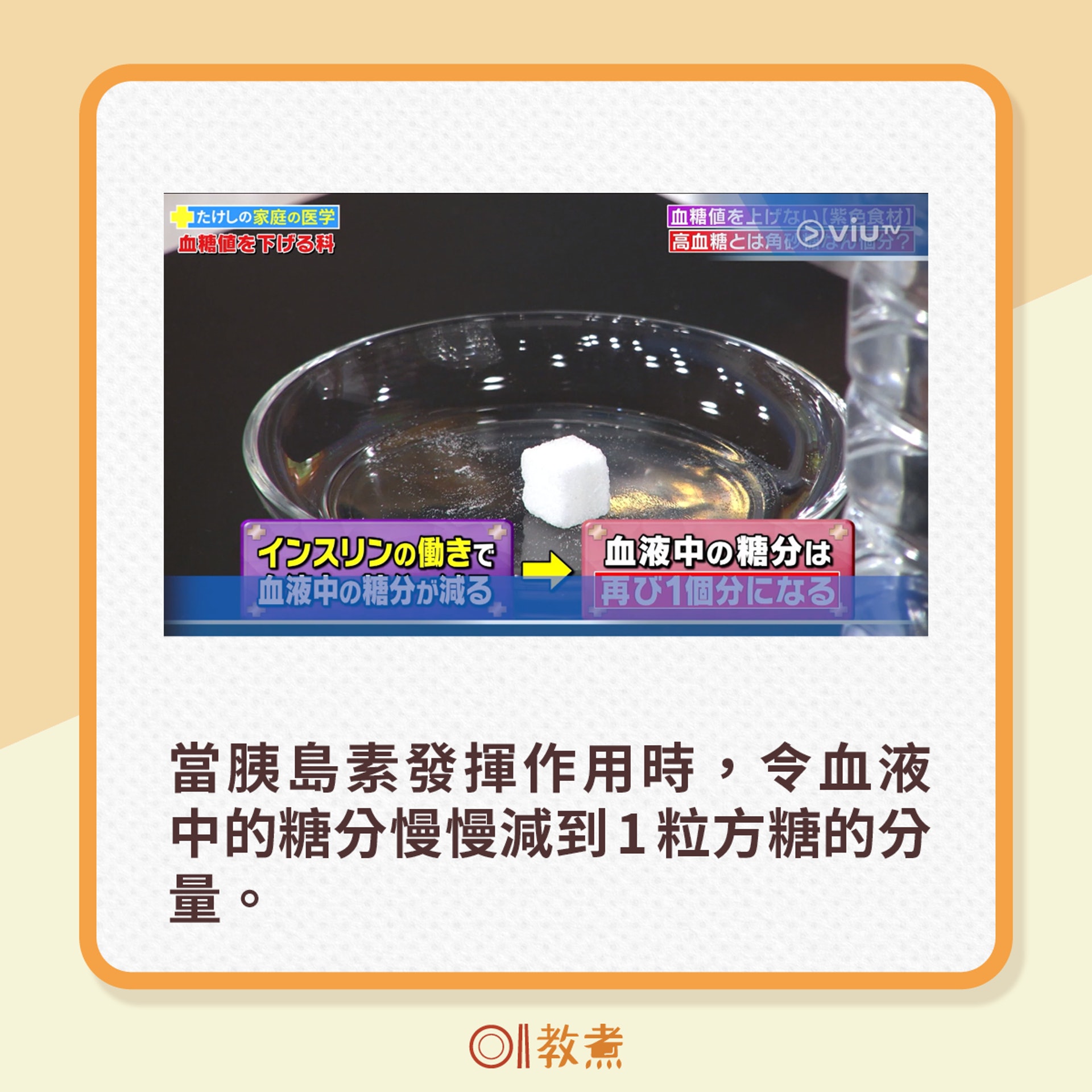 當胰島素發揮作用時,令血液中的糖分慢慢減到1粒方糖的分量。(電視節目《恐怖醫學》截圖) 當胰島素發揮作用時,令血液中的糖分慢慢減到1粒方糖的分量。(電視節目《恐怖醫學》截圖)
