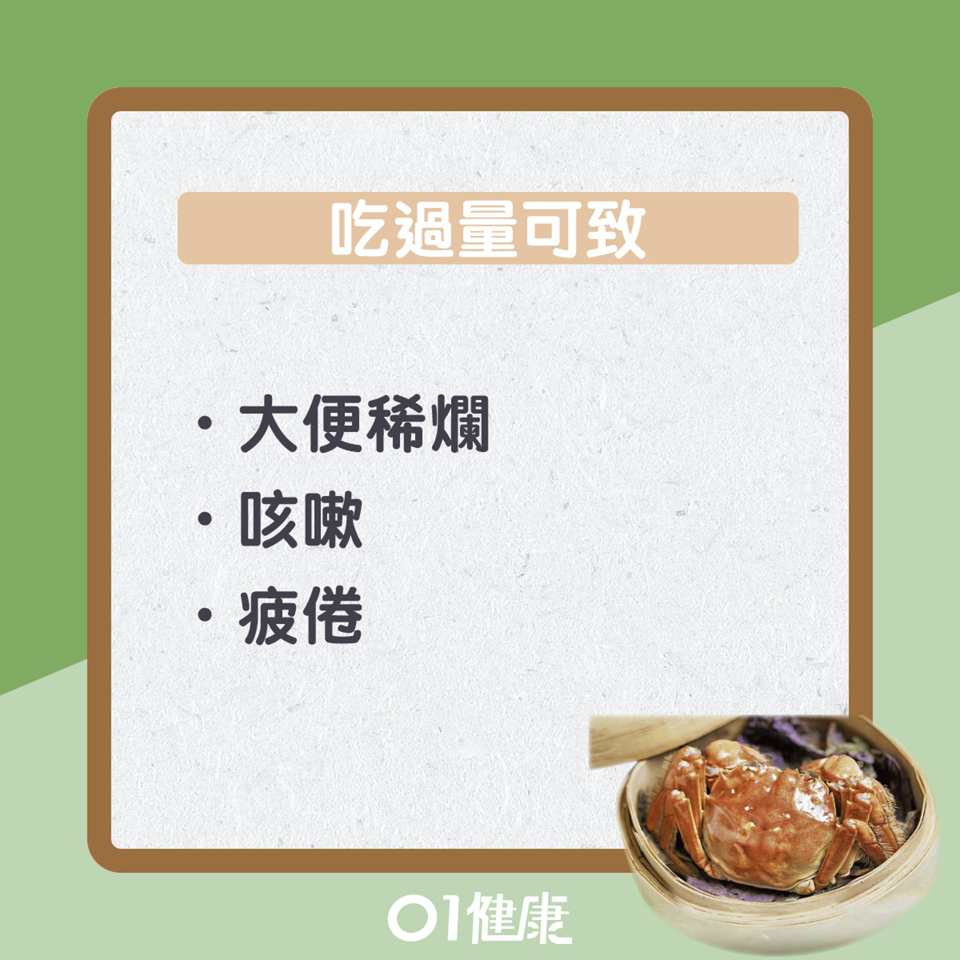 進食過量大閘蟹徵狀(01製圖) 進食過量大閘蟹徵狀(01製圖)