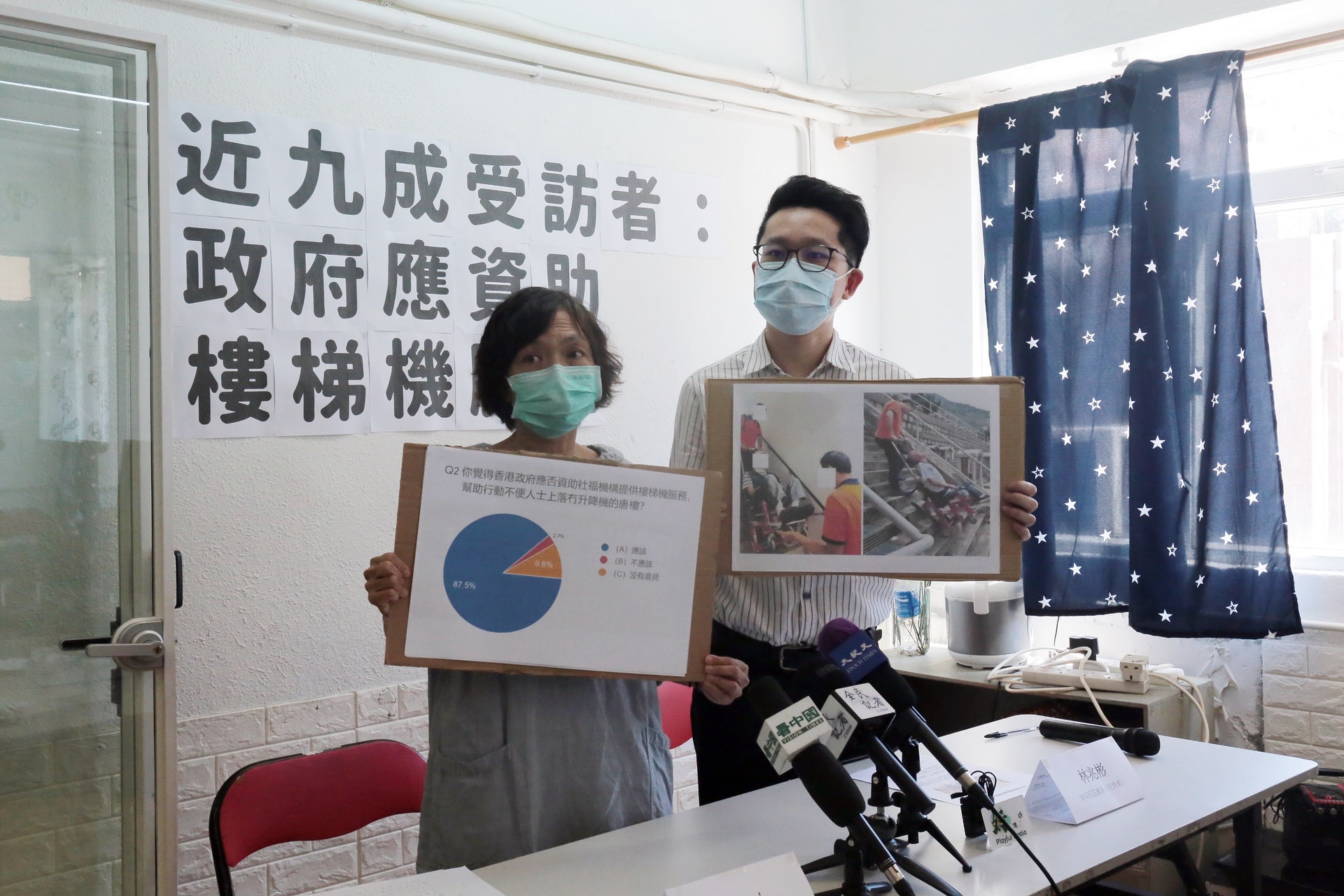 油尖旺區議員林兆彬(右)今日(18日)聯同樓梯機服務者家屬余女士(左)召開記者招待會,指樓梯機服務試驗計劃結束,對950名服務使用者構成極大影響。(呂凝敏攝) 油尖旺區議員林兆彬(右)今日(18日)聯同樓梯機服務者家屬余女士(左)召開記者招待會,指樓梯機服務試驗計劃結束,對950名服務使用者構成極大影響。(呂凝敏攝)