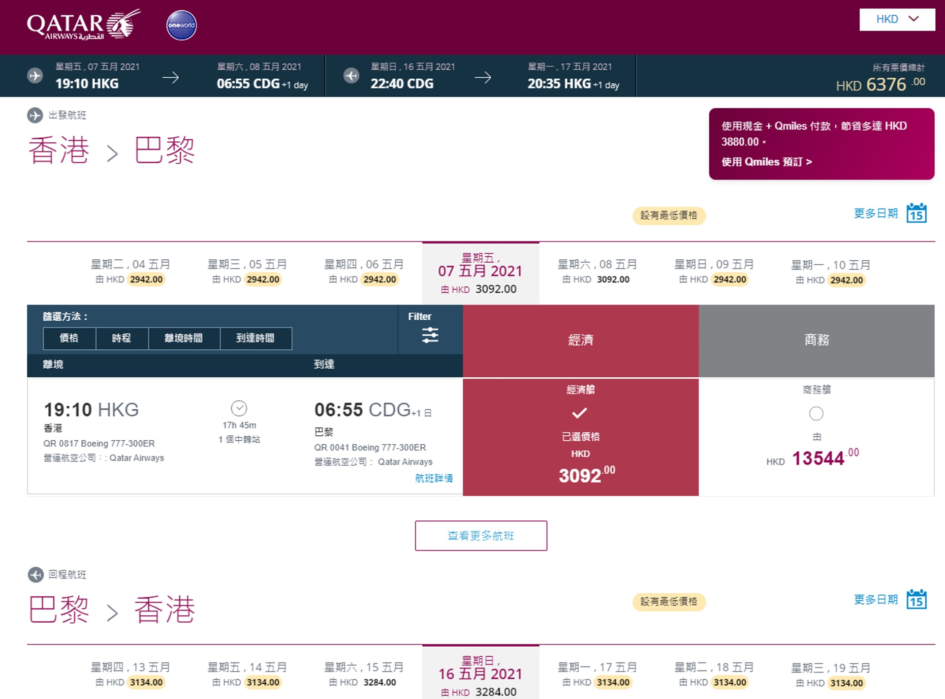 明年年中出發、香港至巴黎來回機票售價約6,000元。(卡塔爾航空網站截圖) 明年年中出發、香港至巴黎來回機票售價約6,000元。(卡塔爾航空網站截圖)