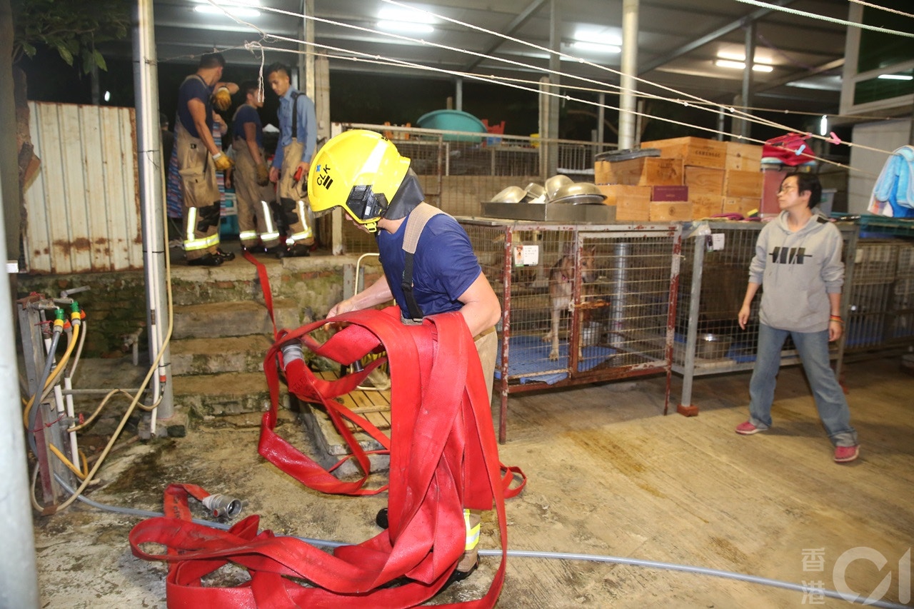 消防拖喉射水戒備。(陳永武攝) 消防拖喉射水戒備。(陳永武攝)