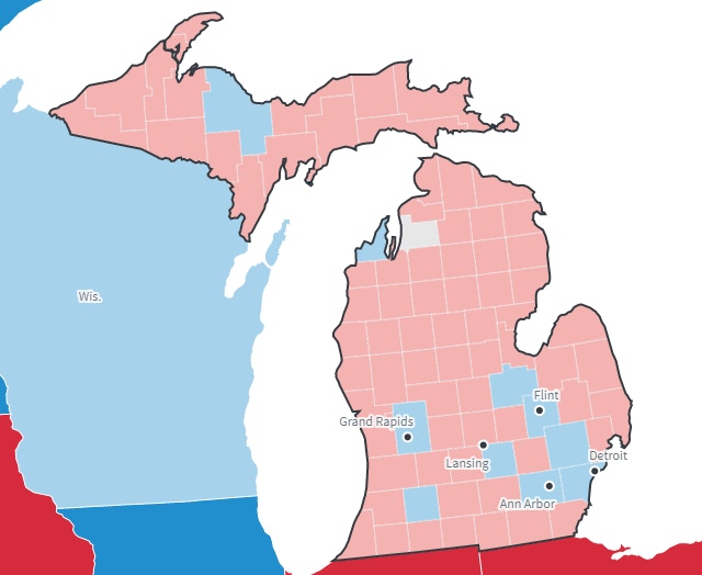 跟鄰州威斯康星州一樣，密歇根也是一片「紅」，但人口最集中的大城市區域則由民主黨取得勝利，奠定拜登拿下密歇根的勝局。（Reuters最新投票結果截圖）